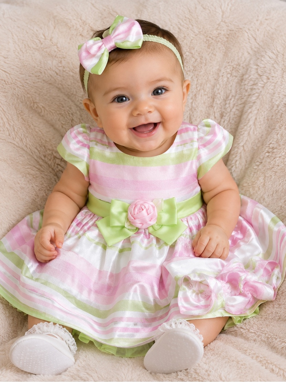 Pink, Green & White stripe baby girl’s dress